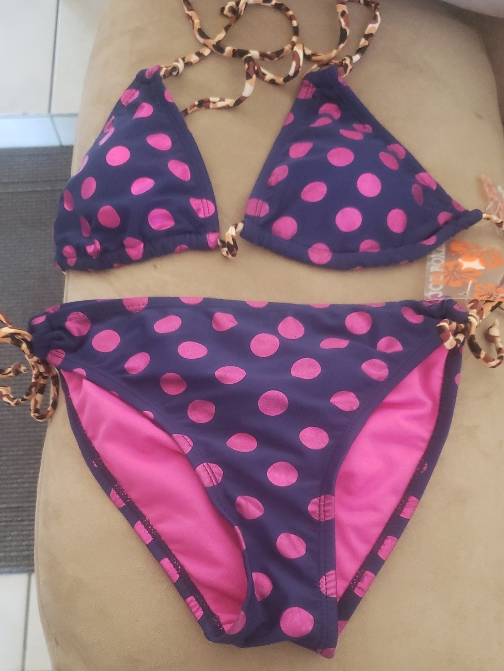 Women’s Dark Blue and Hot Pink Polka Dot Triangle Bikini